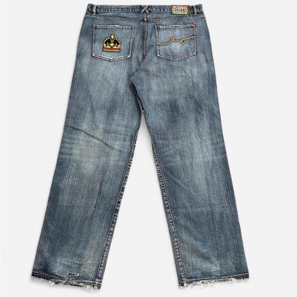 Lrg Men’s Faded Blue Wide Leg Jeans with Back Pocket Embroidery Sz 42 (42x34.5)